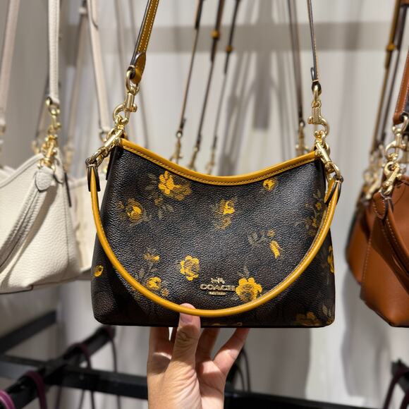 Coach Laurel Small Shoulder Bag Signature Canvas With Floral CCF17 Walnut/Yellow - Picture 1 of 11